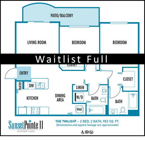 Floor plan for 2 beds, 2 baths, 961 sqft